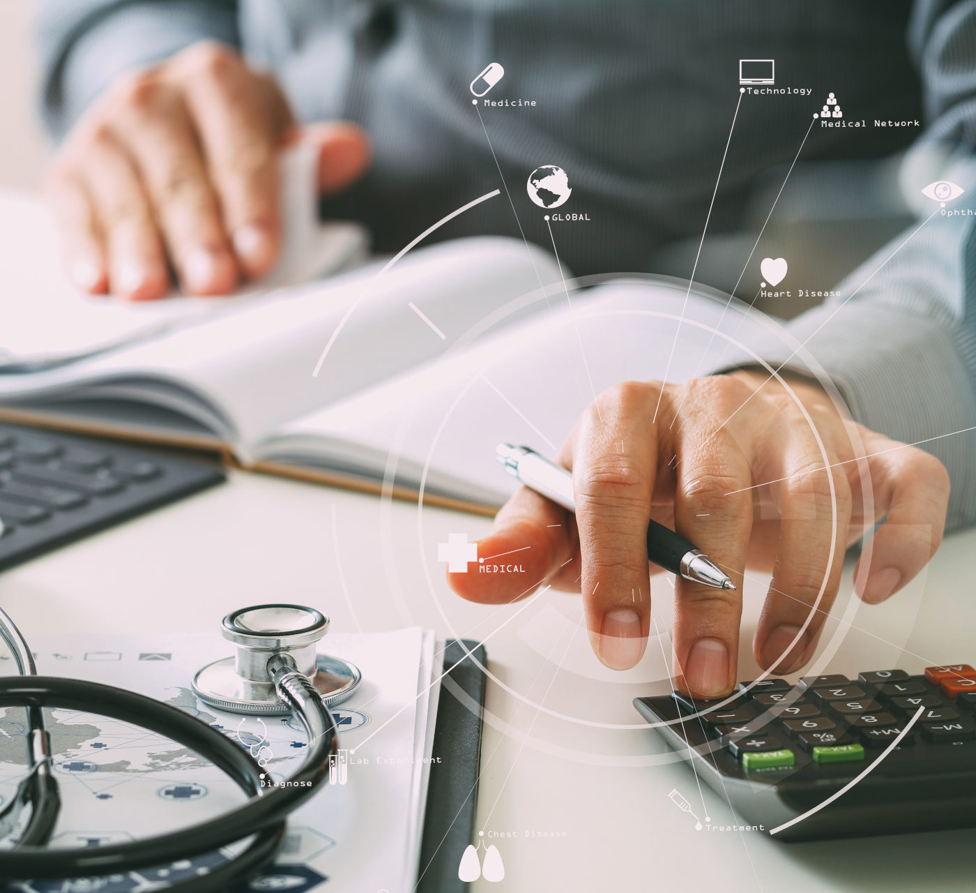 Close-up of healthcare professional's hands writing in a notebook with a calculator and stethoscope, with digital medical icons and data graphics overlay