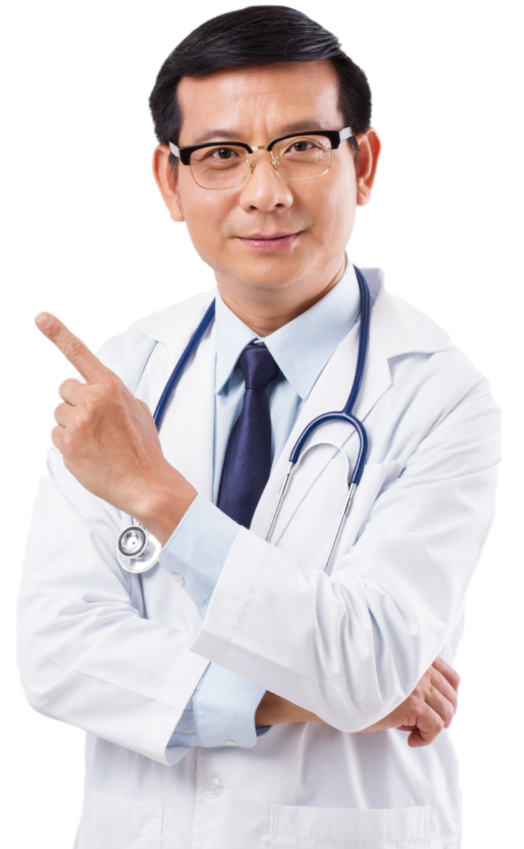 Experienced male doctor with glasses pointing to the side and smiling, wearing a white coat and stethoscope, over a white background