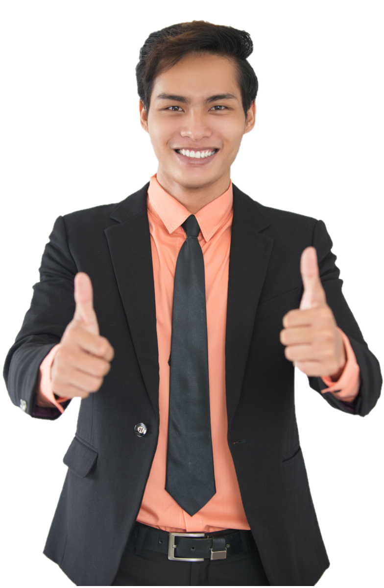 Cheerful young businessman in black suit and peach shirt giving two thumbs up