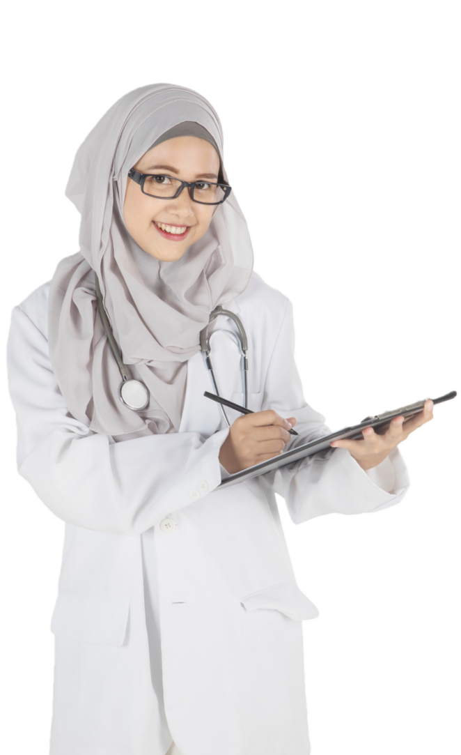 Friendly female doctor in a hijab and glasses holding a clipboard