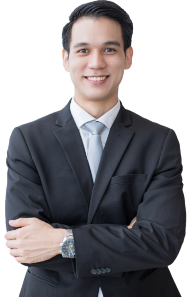 Professional young man in business attire with crossed arms smiling confidently